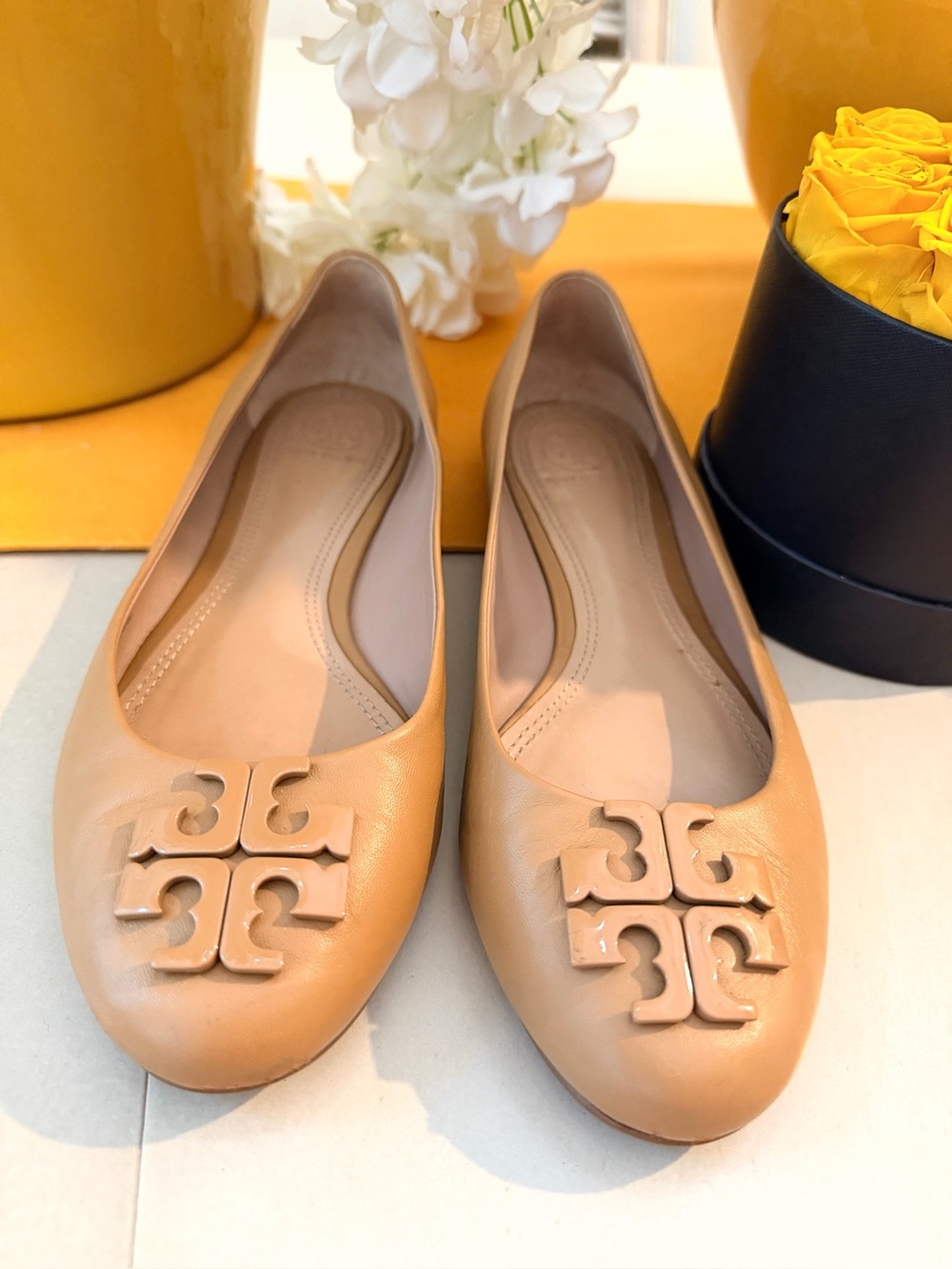 Tory Burch Mustard Yellow Leather Logo Ballet Flats
